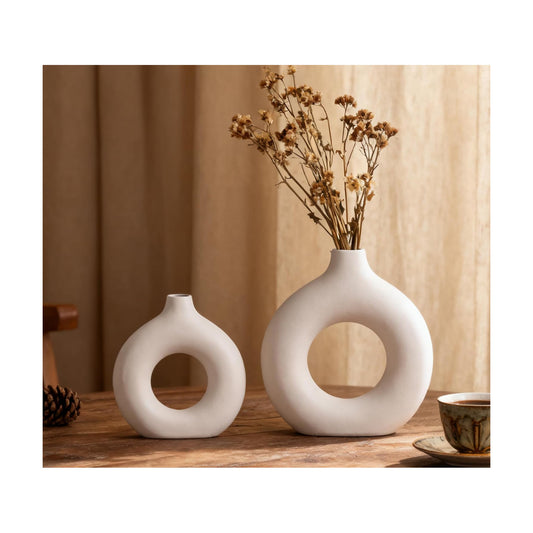 White Ceramic Vase Donut Home Decor Modern Farmhouse Round Matte Boho Style / Vt11 White / Set of 2
