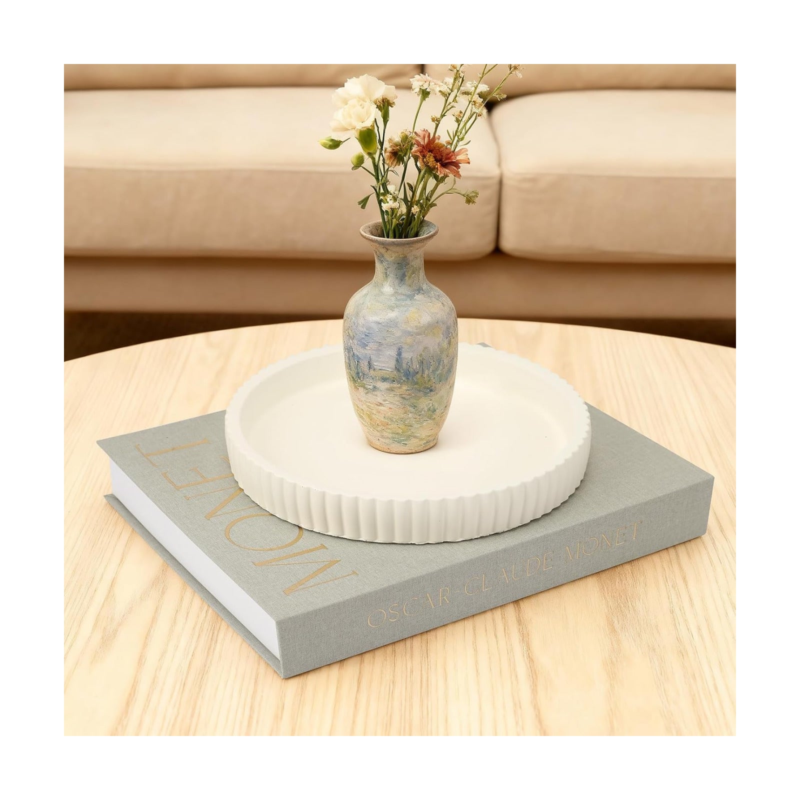 Home Decor Scalloped Tray & Linen Storage Box / Green+beige