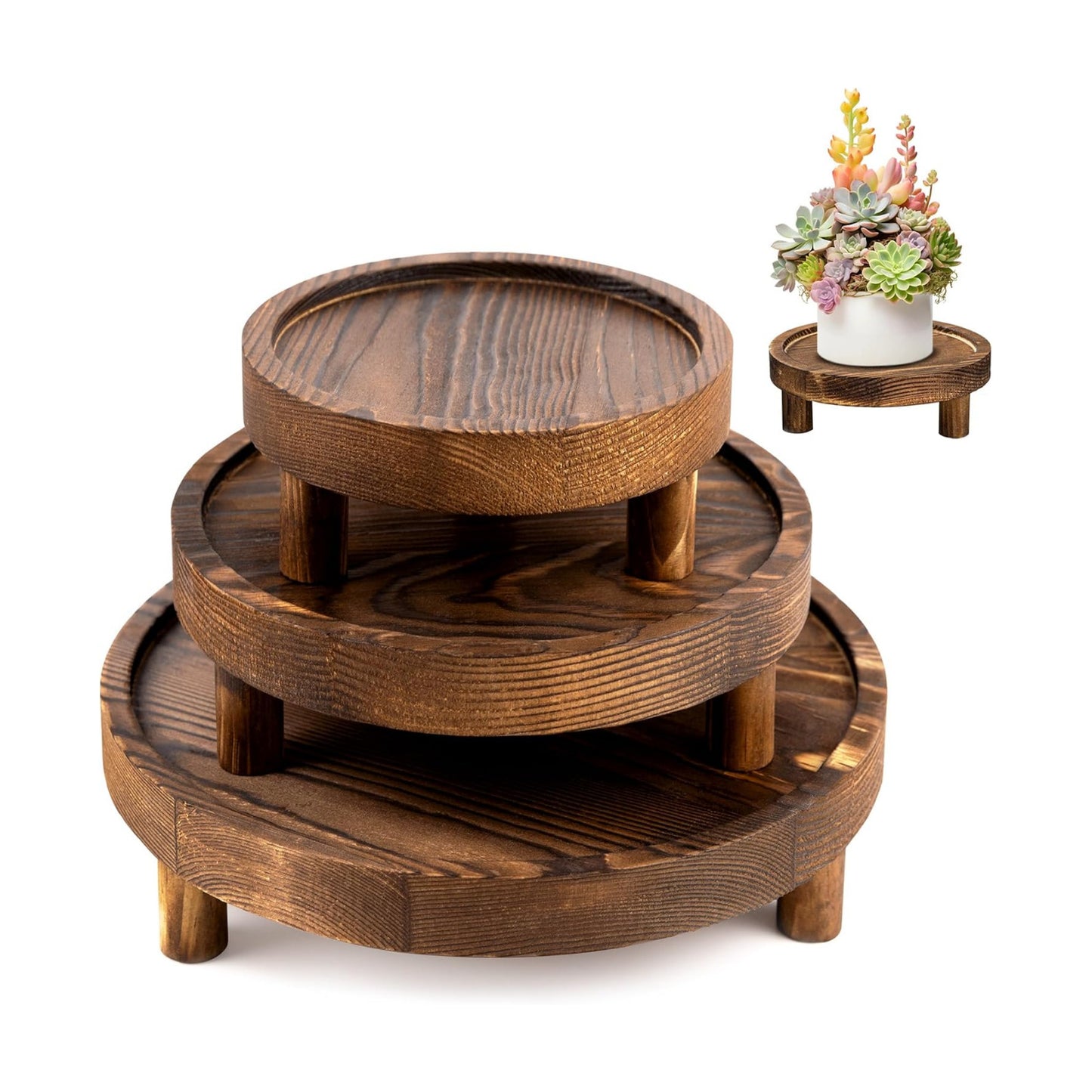 Wooden Display Risers Round Wood Pedestal Stand Mini Plant Tray Stand / Brown / 6 Inch / Set of 3