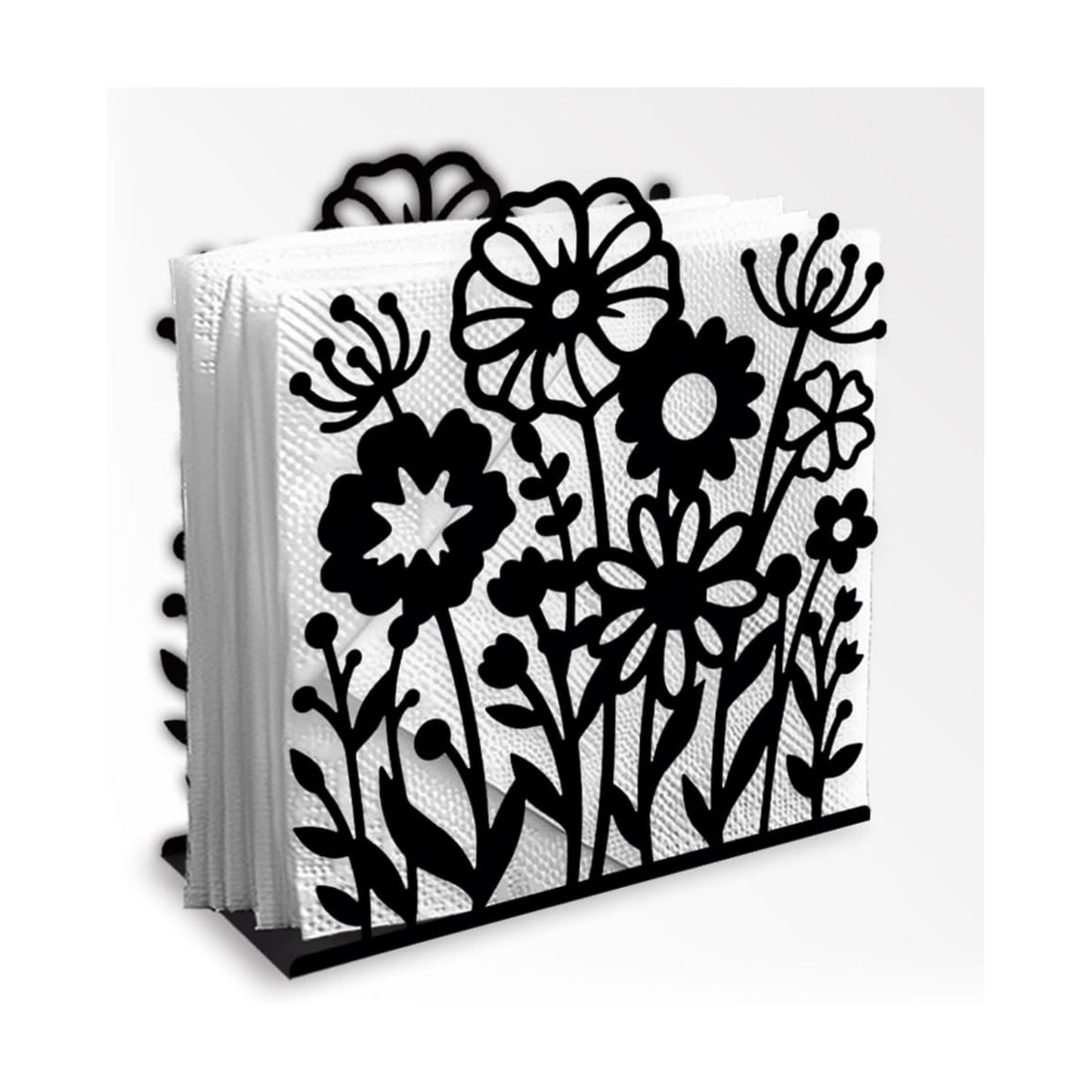Decorative Metal Napkin Holder / Wildflowers / Black / 4.9 x 5.3 x 1.9