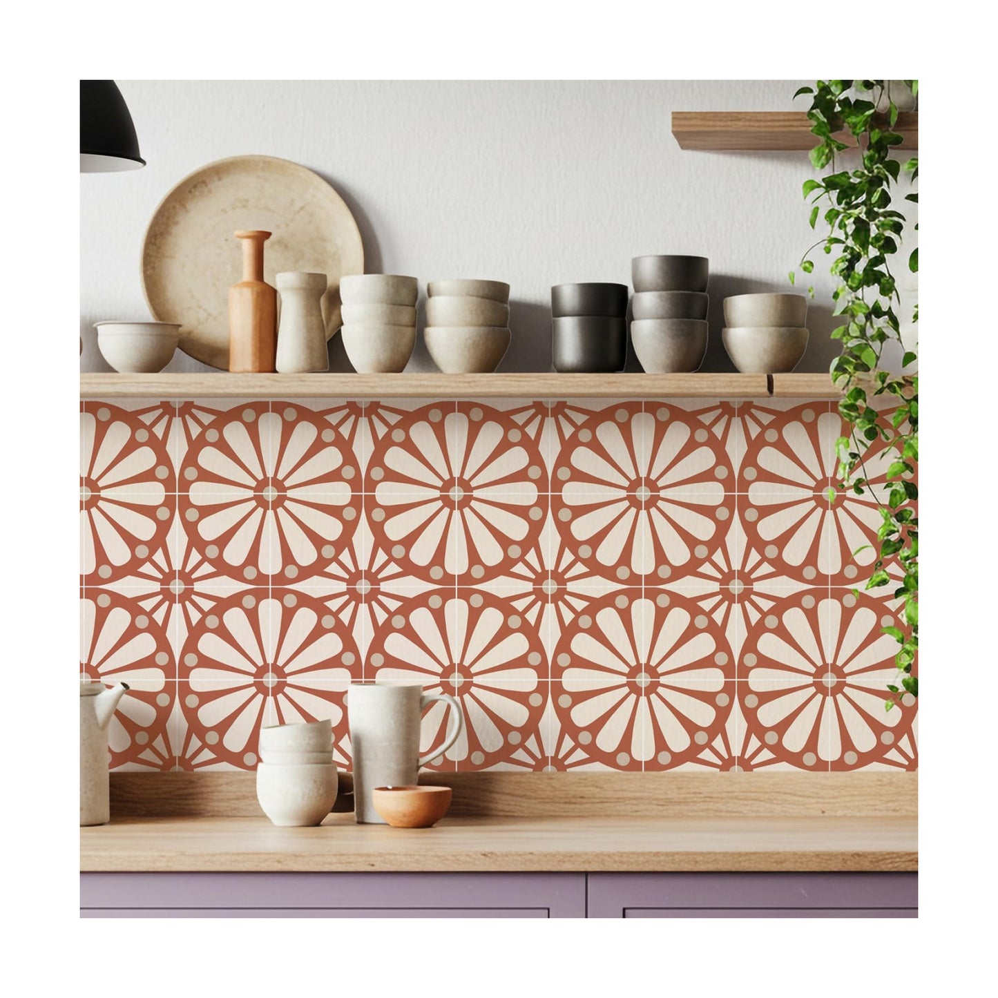 Boho Terracotta Sunburst Tile Stickers Peel and Stick Waterproof Vinyl / Red / 5.9 x 5.9 / Set of 16