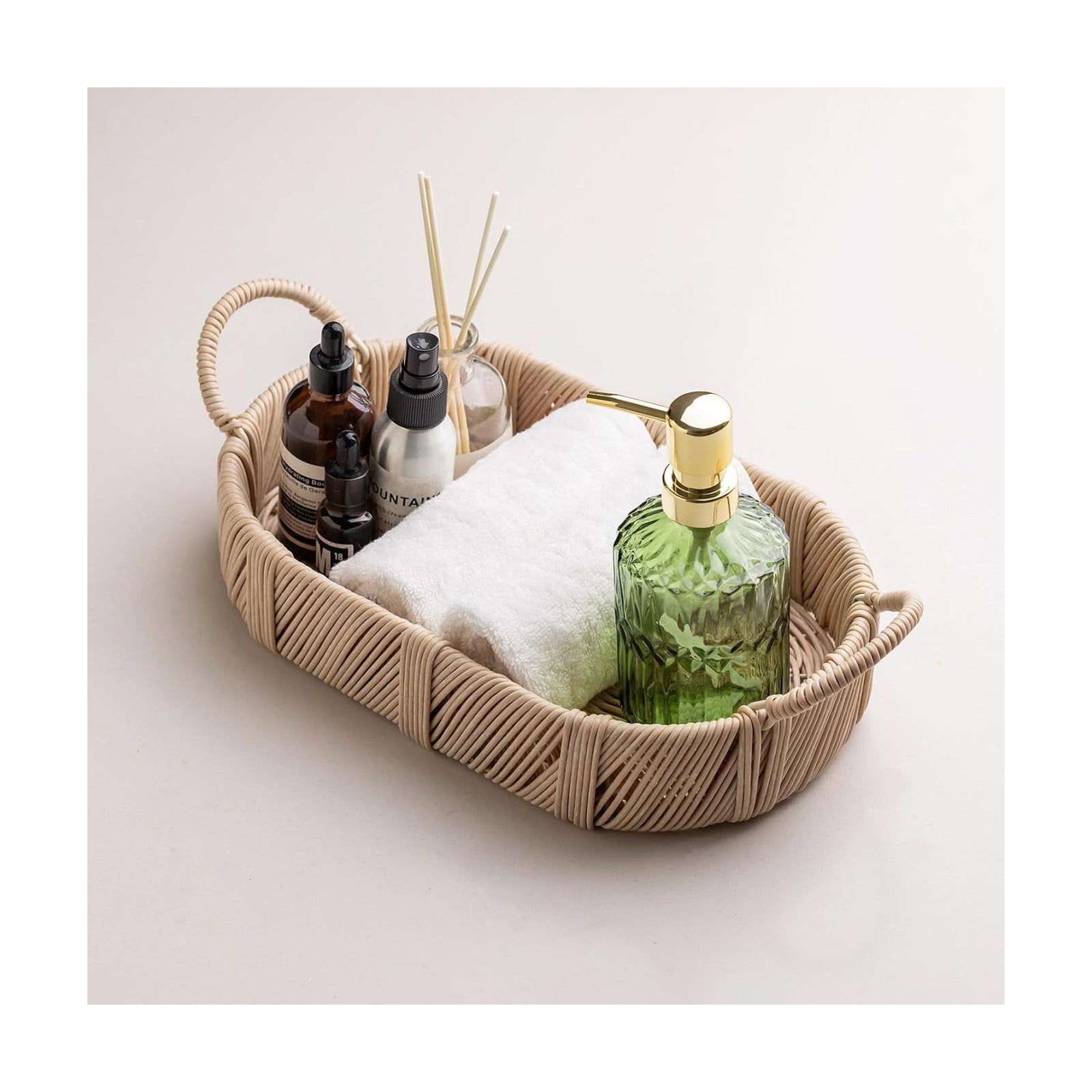 Hand-Woven Rattan-Style Storage Basket / Beige