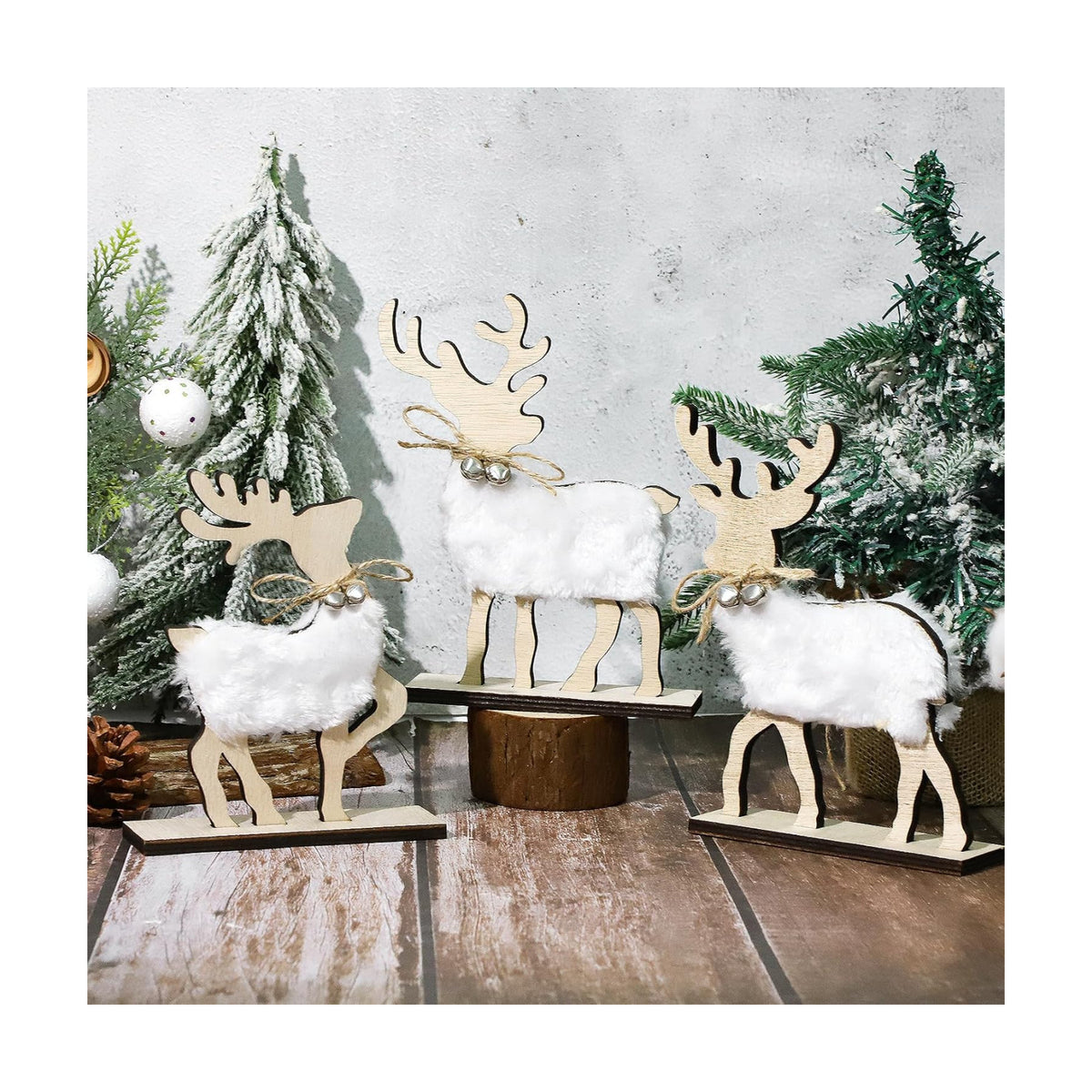 COCHIE Cute Christmas Tiered Tray Decor Indoor, Wooden Reindeer Christmas Tabletop Decorations and Xmas Tree Centerpiece, Reindeer Sign Standing Elk Decor for Home Party Decorations (Fur)