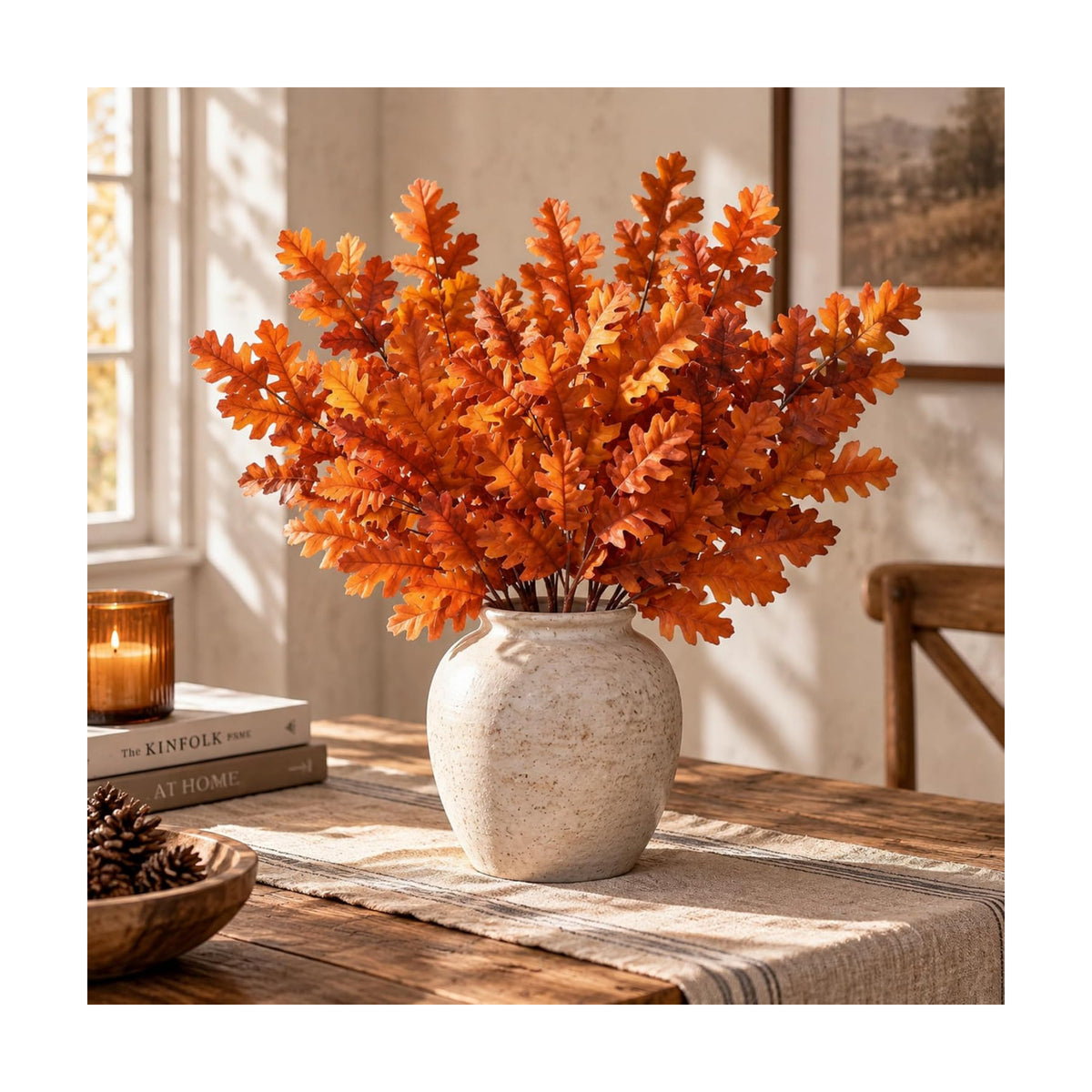 Wavwavw 6 Pcs 32'' Fall Artificial Oak Leaves Stem Fake Oak Branch Decor