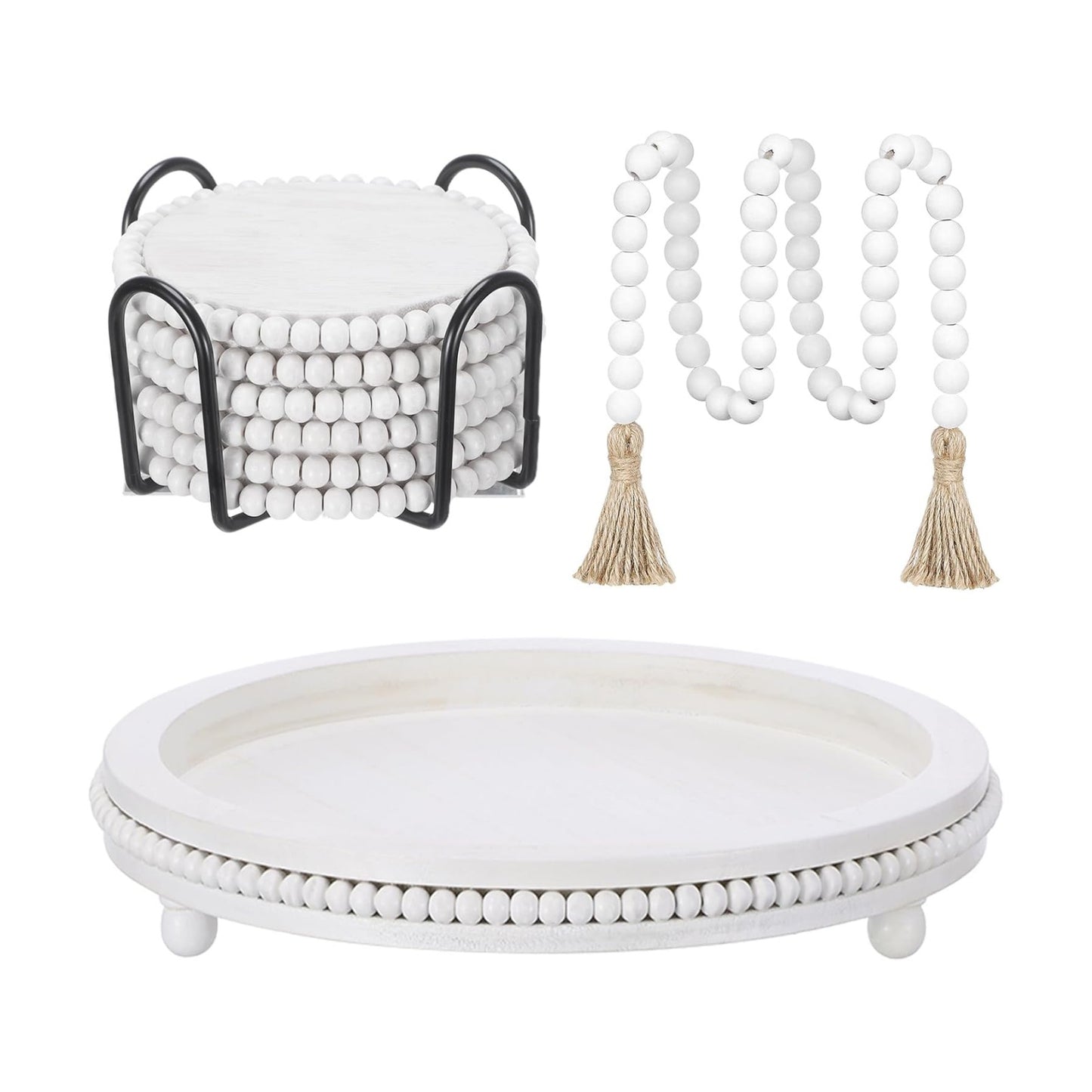 Farmhouse Trays Decoration Set 6 Rustic Wooden Bead Coasters / White / Set of 8