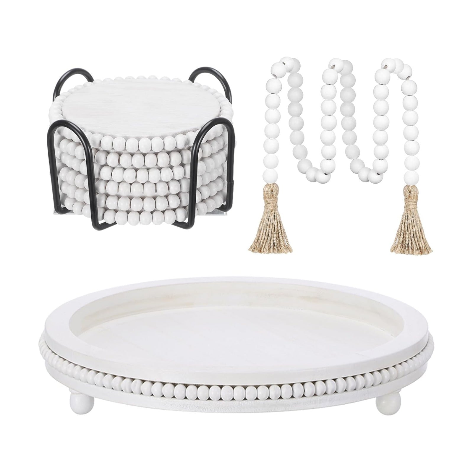 Farmhouse Trays Decoration Set 6 Rustic Wooden Bead Coasters / White / Set of 8