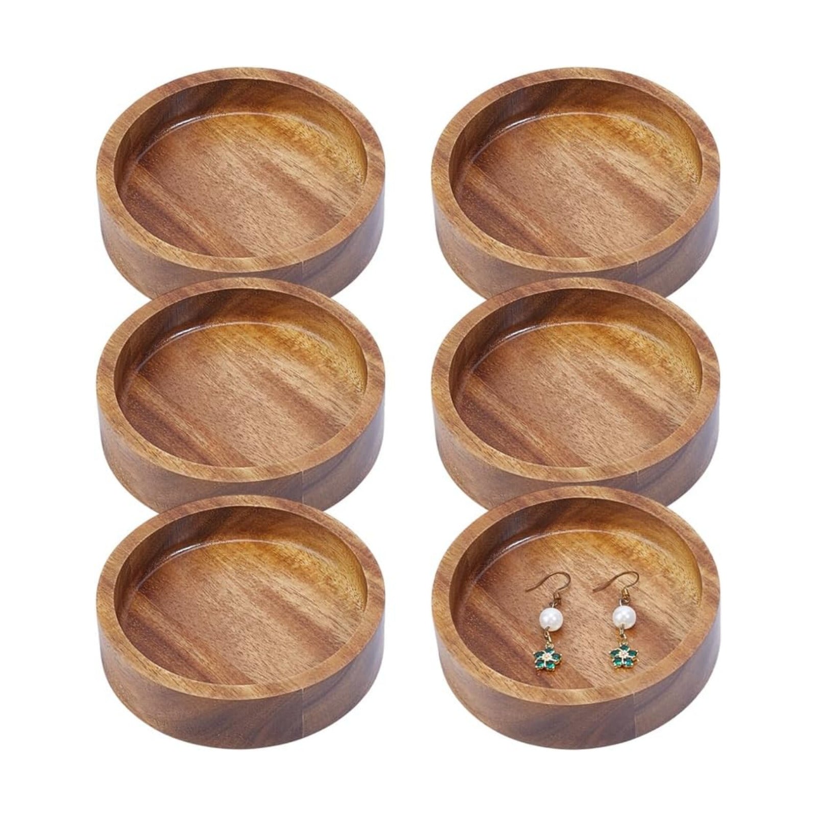 Wood Ring Tray Acacia Wood Decorative Jewelry Tray Small Tiny Bathroom / Round / 3.9 Inch / Set of 6