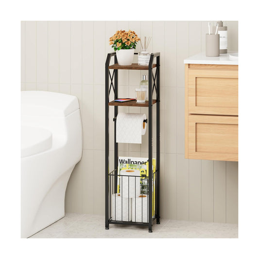 HapiRm Freestanding Toilet Paper Holder - 4-Tier Bathroom Tissue Organizer with Wood Shelves and Large Basket, Toilet