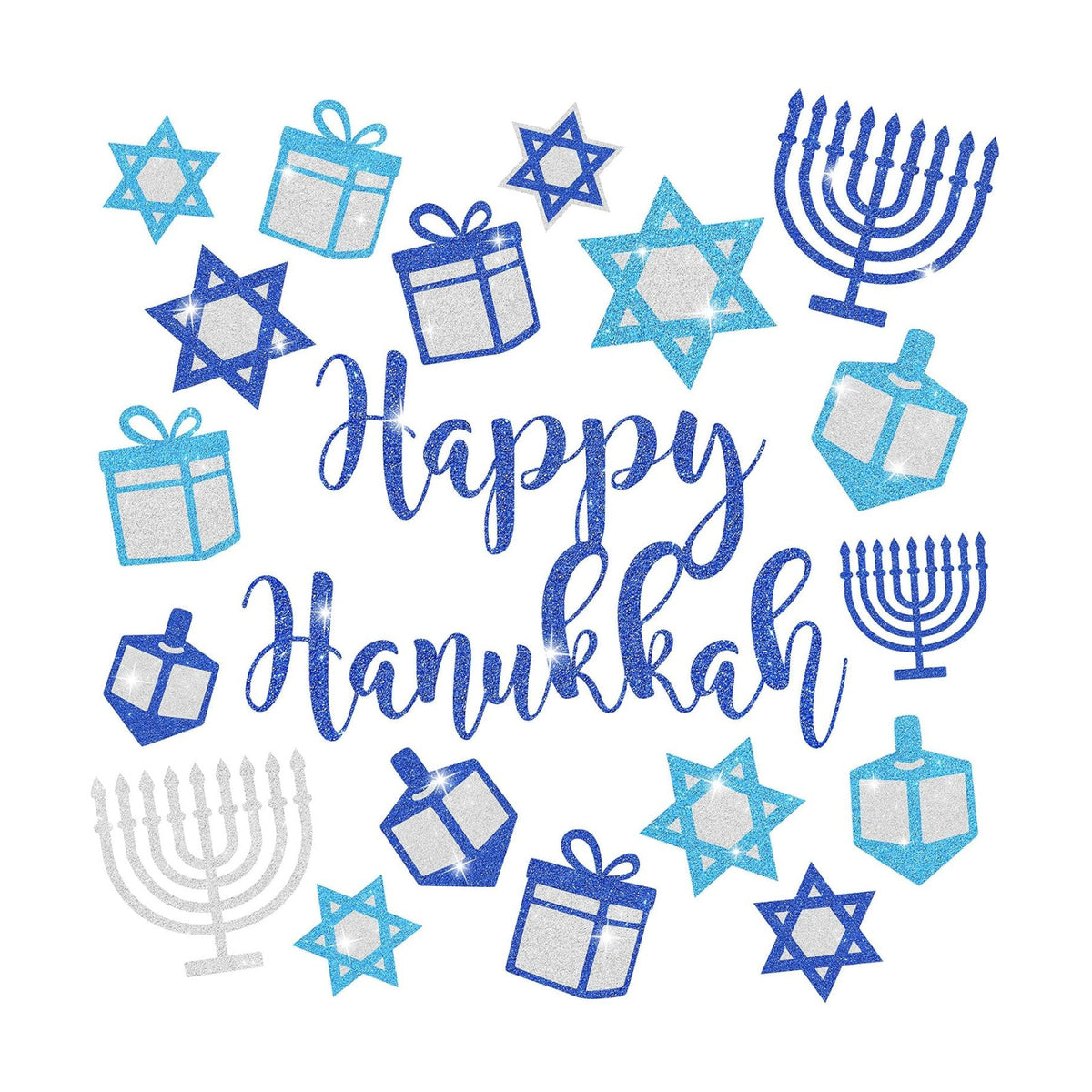 Whaline 6 Sheets Glitter Hanukkah Window Clings Chanukah Star Menorah Window Decal Reusable Anti-Collision Windows Decor for Home Classroom Office Party Supplies