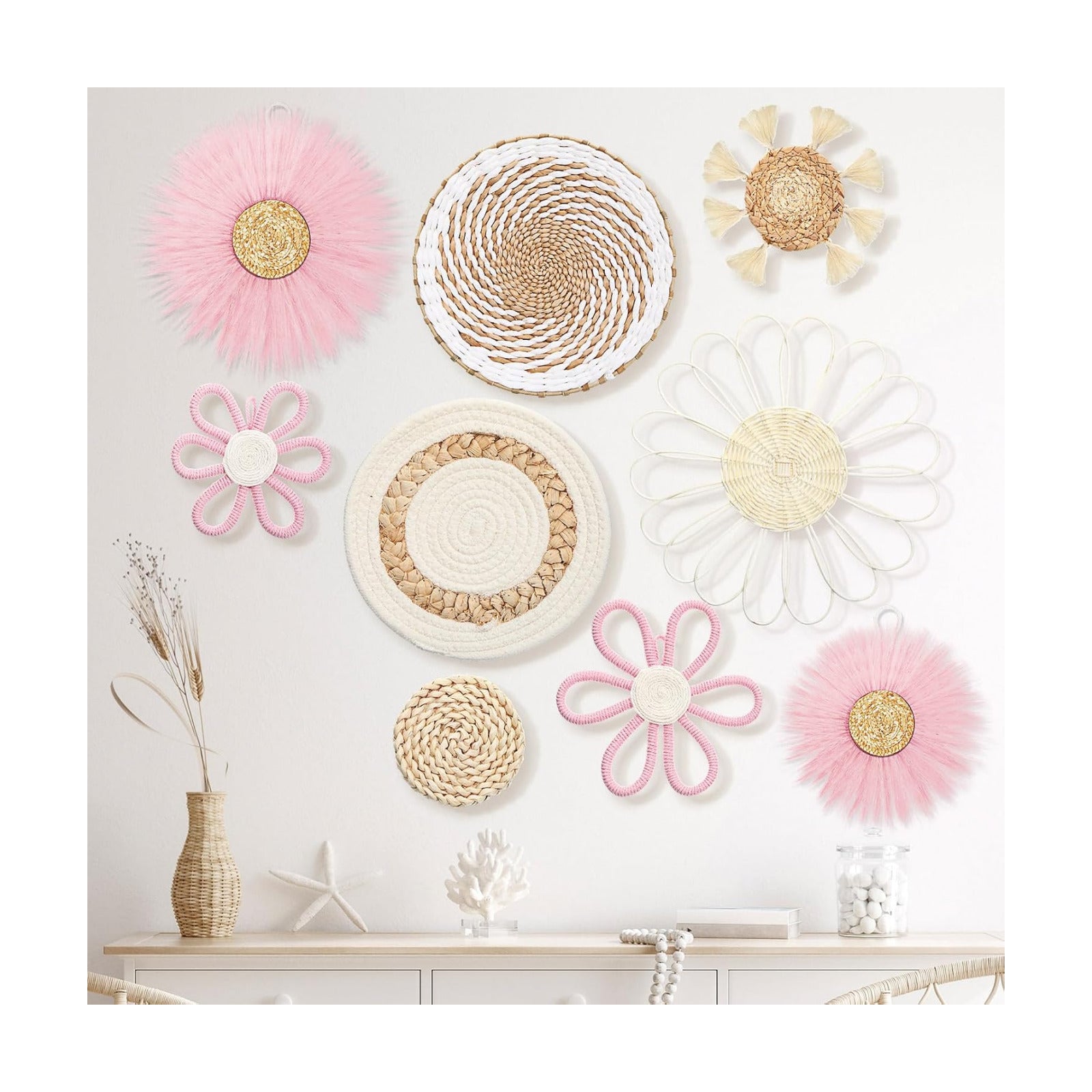 Boho Nursery Wall Decor Daisy Flower Woven Macrame Seagrass Rattan Basket / White Pink / Set of 9