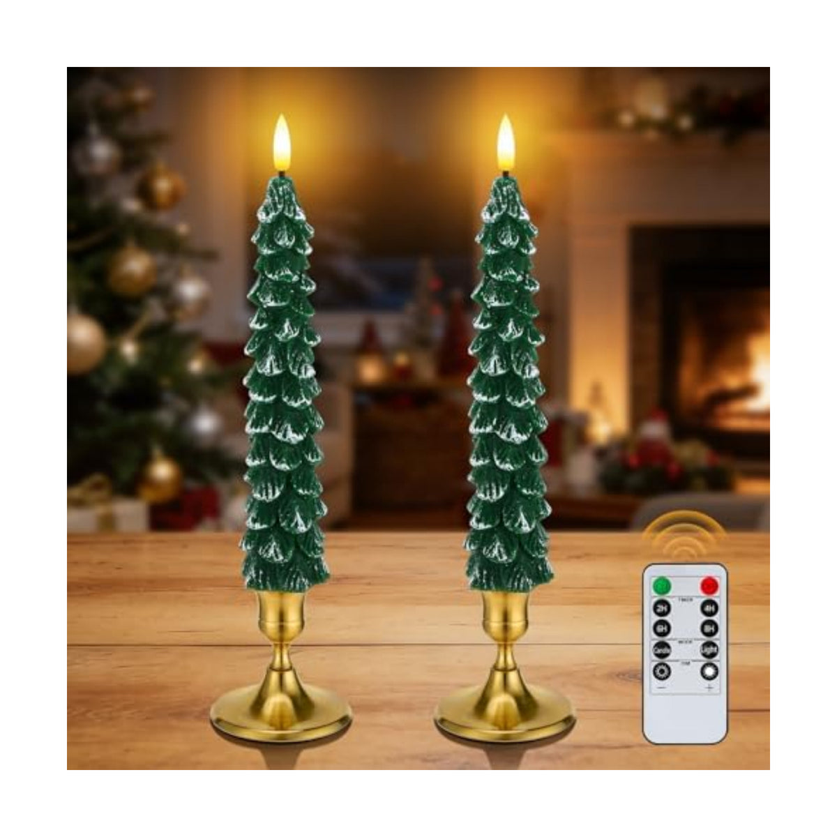 2 Pack Christmas Tree Candles - Real Wax Flameless Taper Candles, 9.7in Green Candlesticks for Home Table Metal Xmas Holiday Indoor Decorations Gifts
