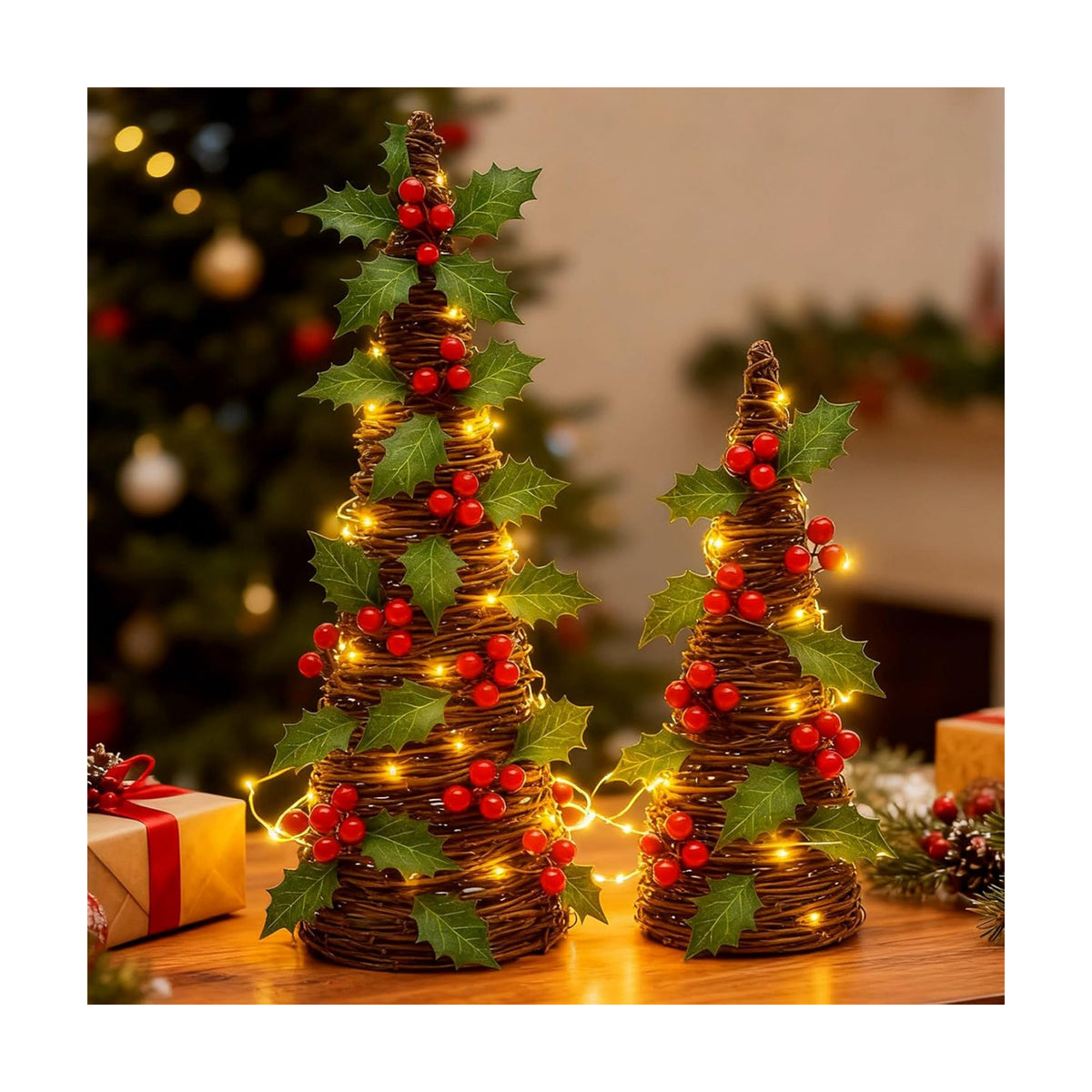 Qinyoung 2 Pcs Lighted Christmas Cone Tree Rattan Table Decoration 12'' 10'' Xmas Artificial Rattan Red Berries Green Leaves Table Centerpiece Cone Tree 2 Various Sizes for Winter Party Village Decor