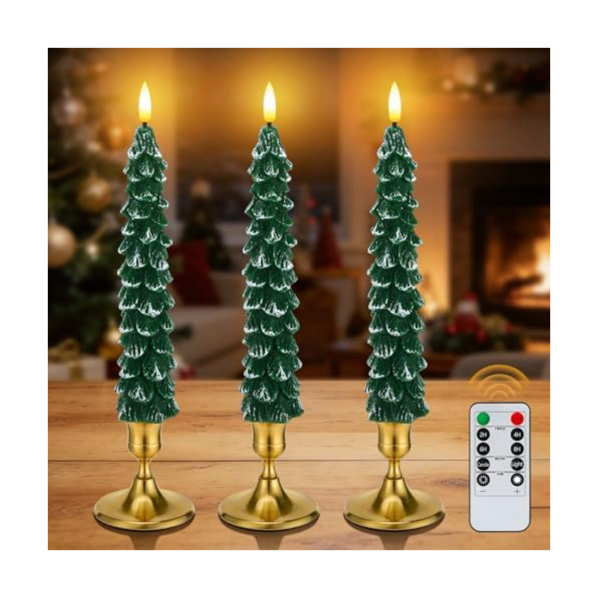 3 Pack Christmas Tree Candles with Remote- Real Wax Flameless Taper Candles, 9.7in Green Candlesticks Battery Operated for Home Table Metal Xmas Holiday Indoor Decorations Gifts