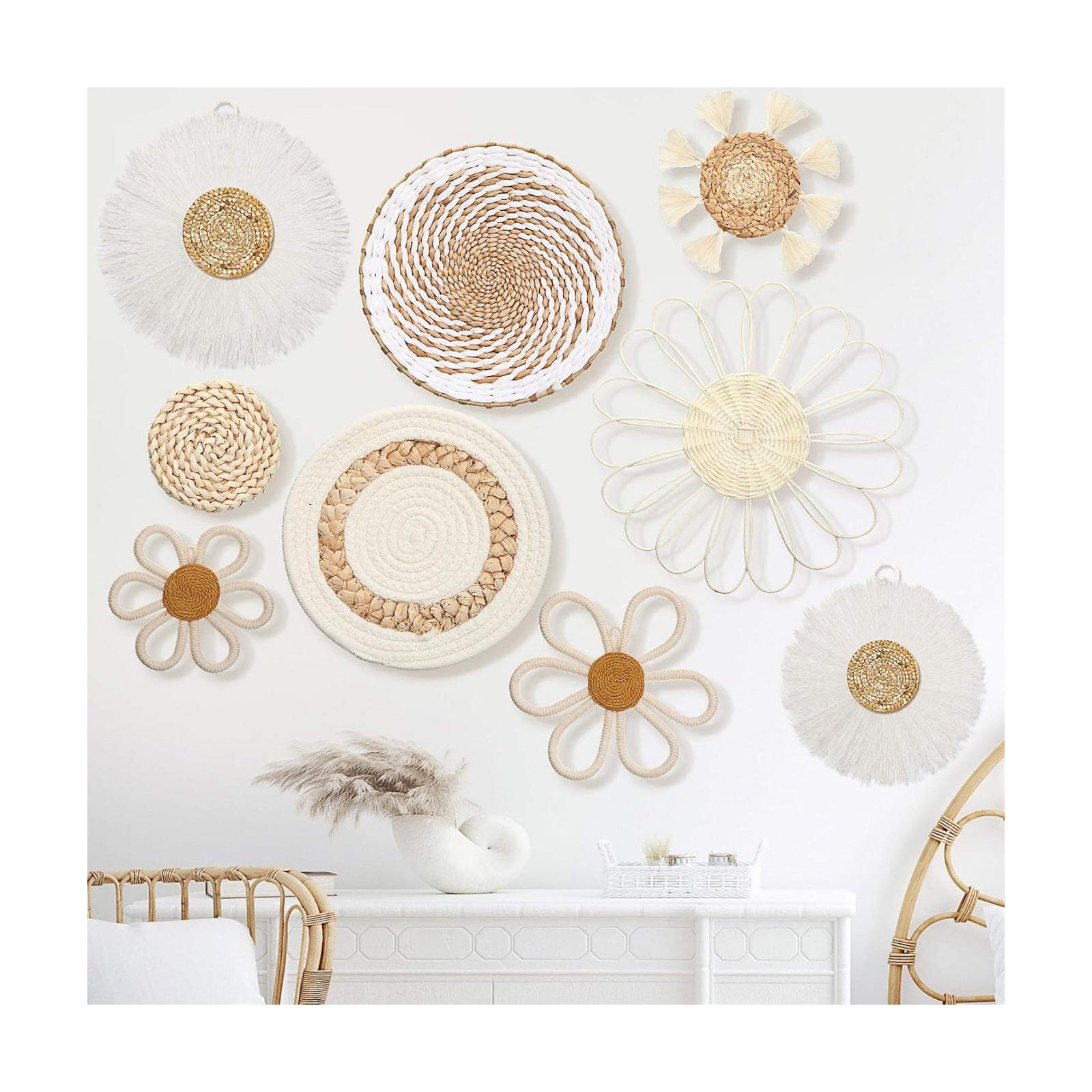 Boho Nursery Wall Decor Daisy Flower Woven Macrame Seagrass Rattan Basket Wall / White / Set of 9