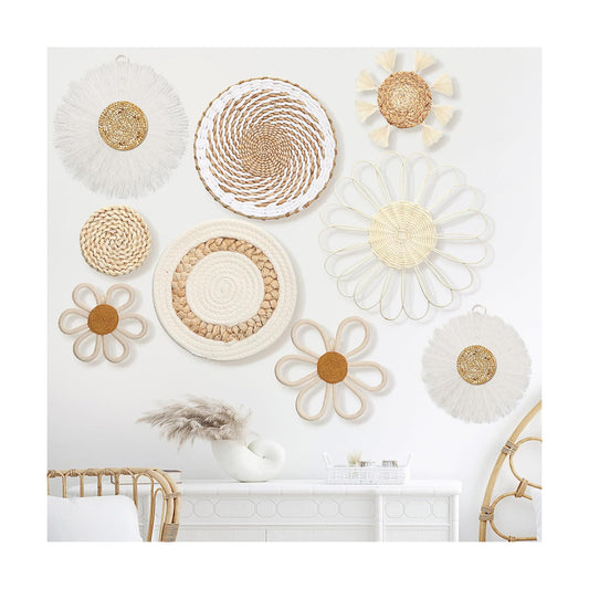 Boho Nursery Wall Decor Daisy Flower Woven Macrame Seagrass Rattan Basket Wall / White / Set of 9