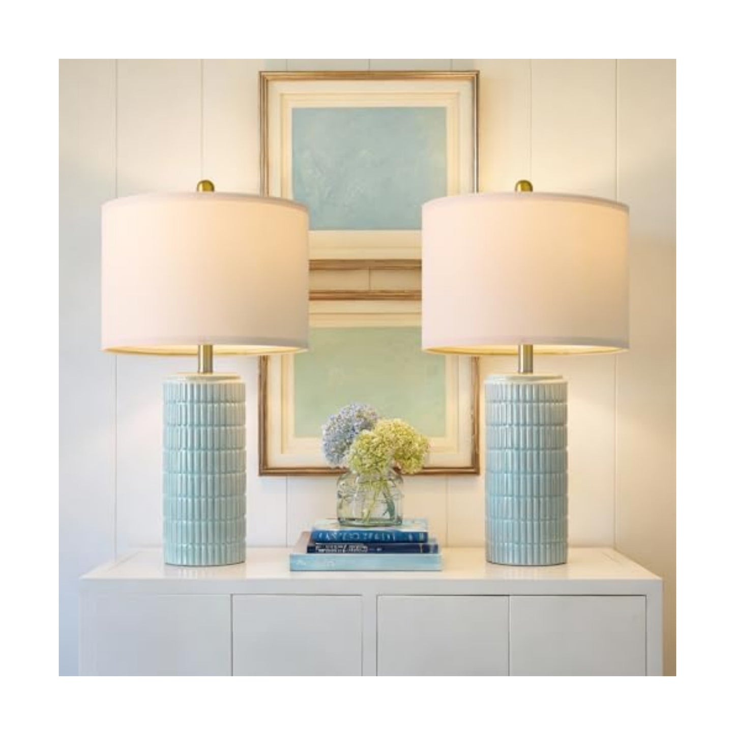 PoKat 23" Light Blue Table Lamps Set of 2, Modern Bedside Lamps for Bedroom, Coastal Ceramic End Table Lamps for Living