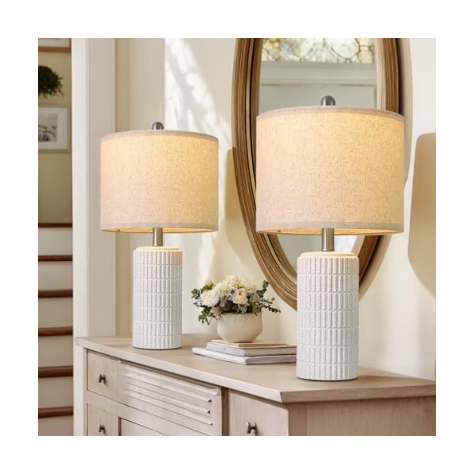 PoKat 20.75" Stone-Like Farmhouse Ceramic Table Lamps Set of 2 for Bedroom, White Bedside Lamps for Night Stands