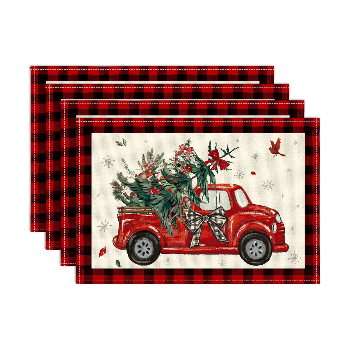 OTOSTAR Christmas Placemats Set of 4, 12x18 Inch Red and Black Buffalo Plaid Christmas Truck Tree Place Mats Seasonal Winter Xmas Holiday Kitchen Dining Table Mats for Home Party
