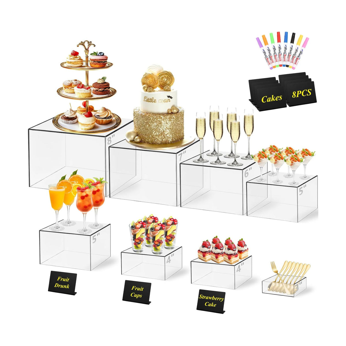 8 Pcs Clear Acrylic Buffet Risers with Mini Sign and Maker,Buffet Risers and Stands Clear Food Display Risers for