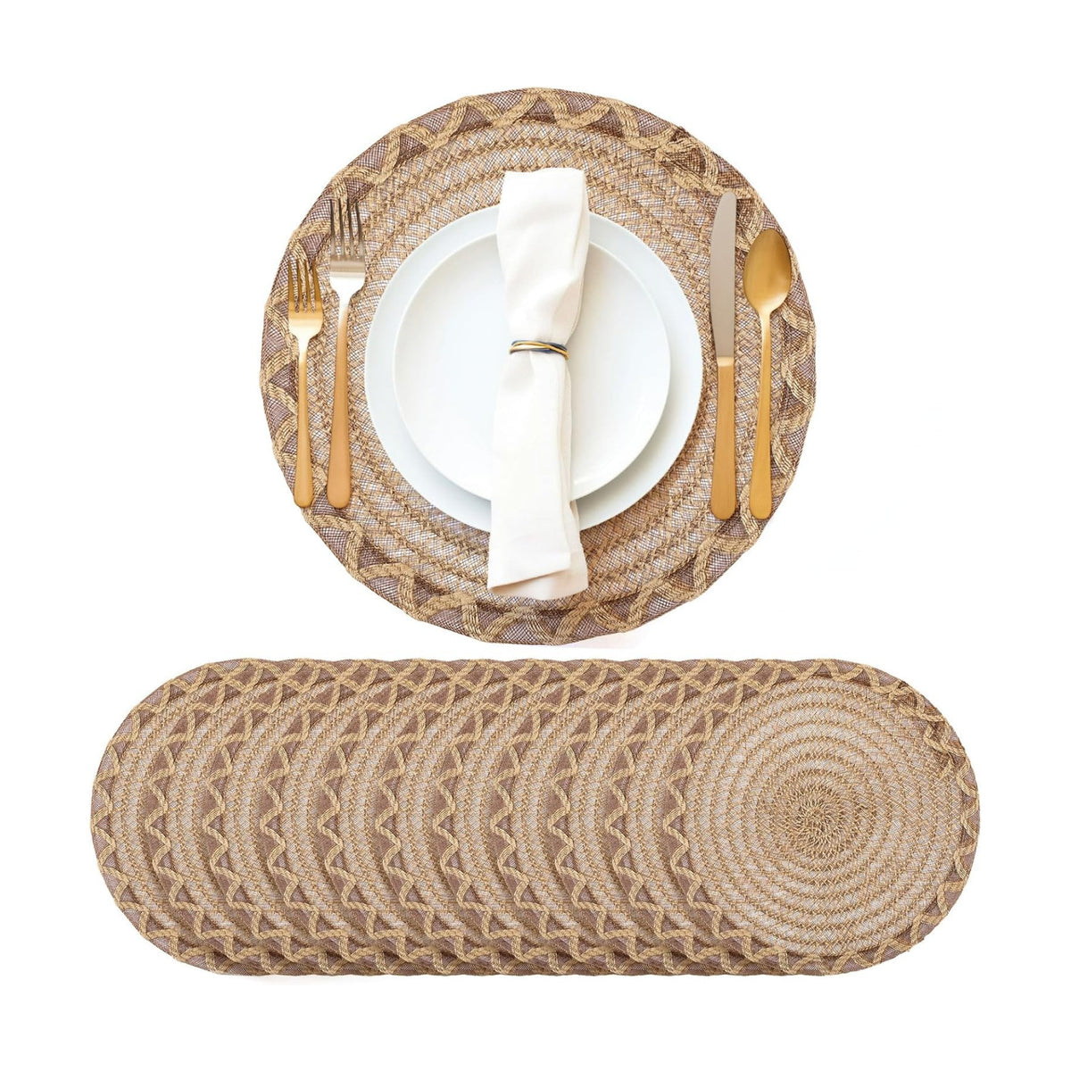 12 Set 15 Inch Round Burlap Placemat Openwork Boho Jute Woven Charger Rustic Vintage Natural Brown Heat Resistant