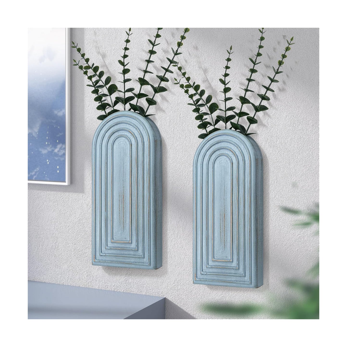Pine Wood Boho Decor Wall Vases / Blue / Set of 2