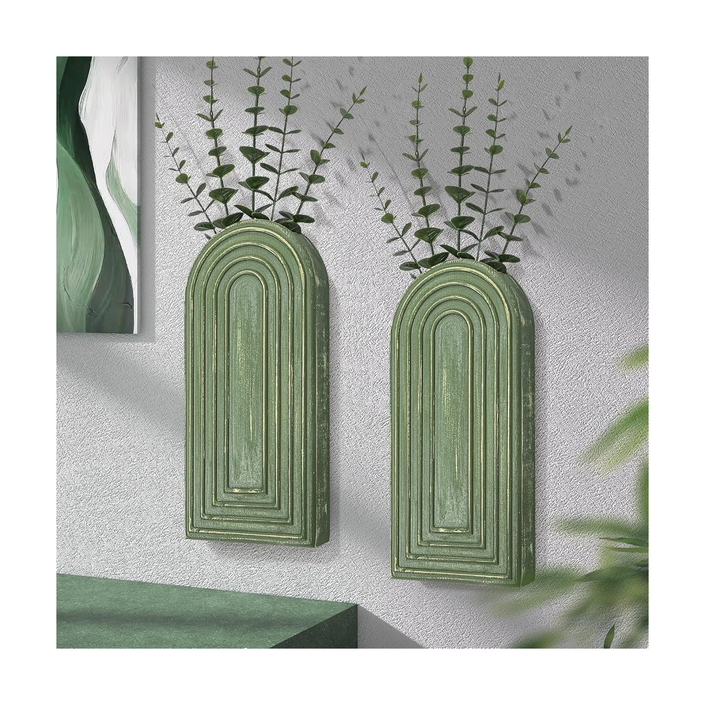 Pine Wood Wall Vases / Green / Set of 2