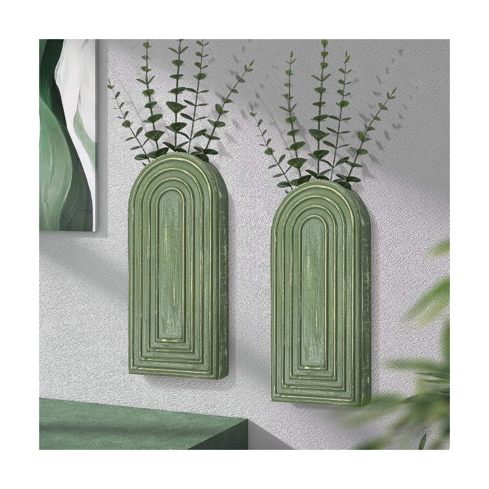 Pine Wood Wall Vases / Green / Set of 2