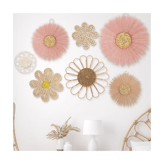 Boho Wall Basket Decor Rattan Flower Wall Decor Nursery Daisy Flower Woven / Dark Pink / Set of 7