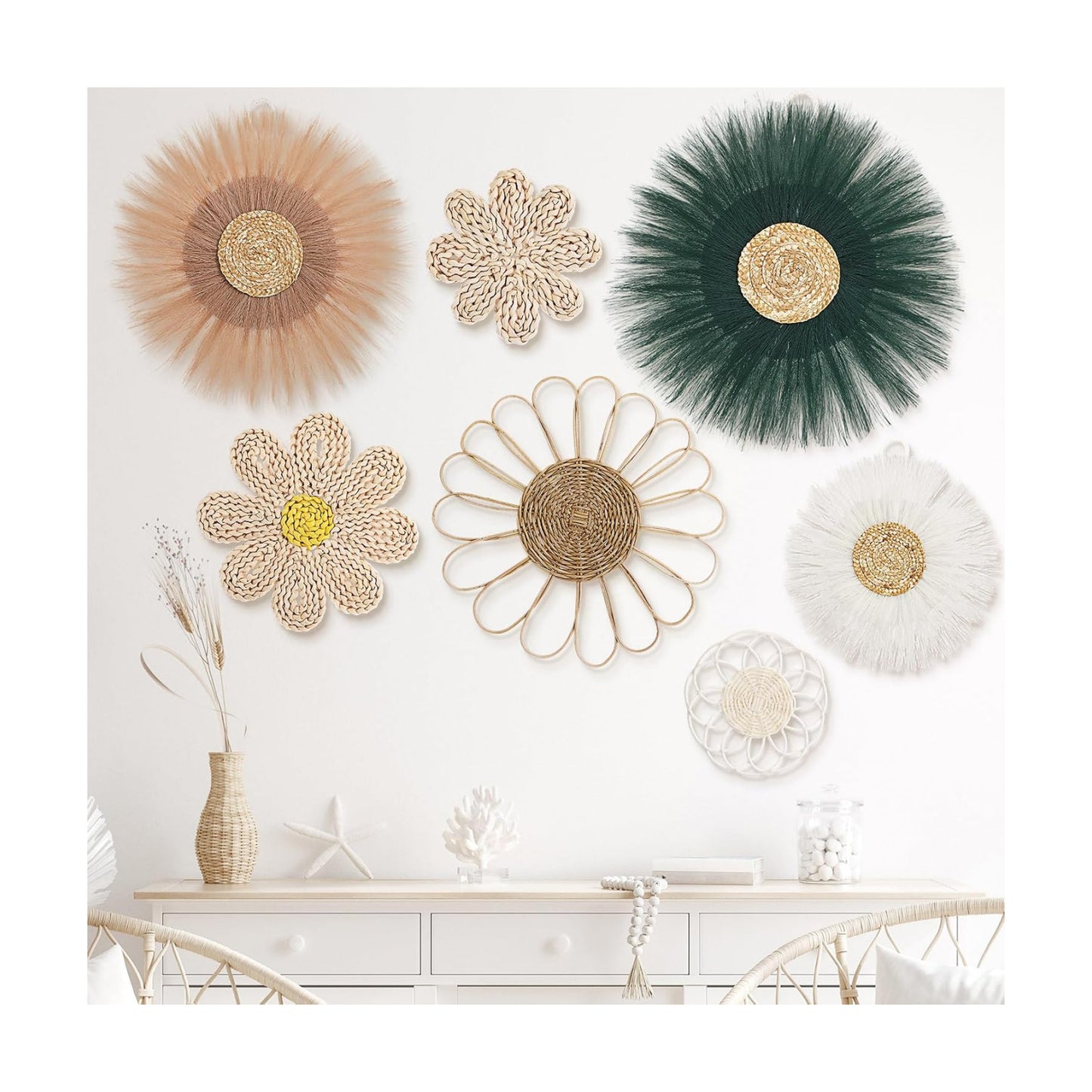 Boho Wall Basket Decor Rattan Flower Wall Decor Nursery Daisy Flower / Emerald Green / Set of 7