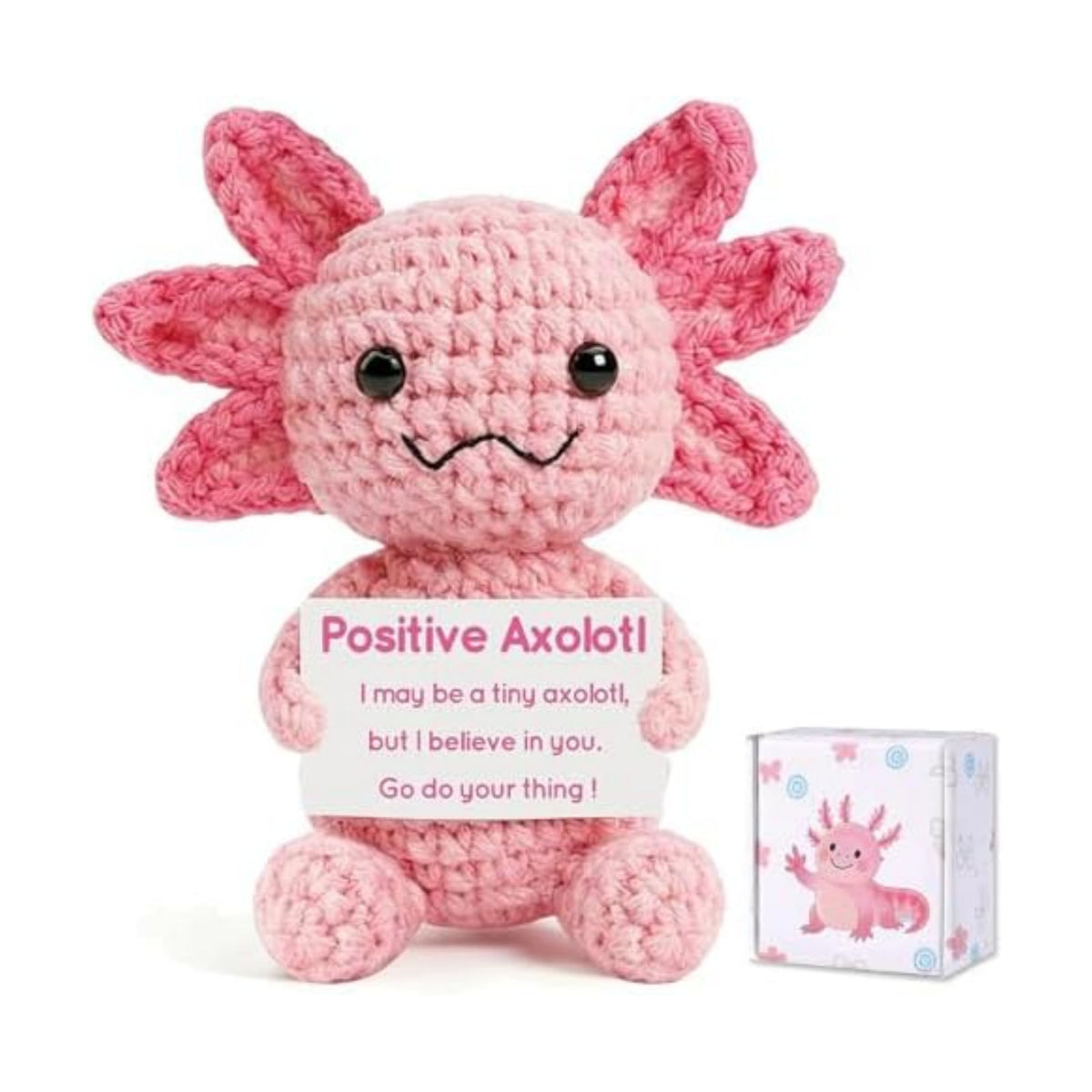Pink Positive Crochet Axolotl Gift - Handmade Knitted Axolotl Plush with Gift Box Card for Girl, Women, Friends, Coworker, Emotional Support Crochet Animals Gifts for Birthday Graduation Desk Decor