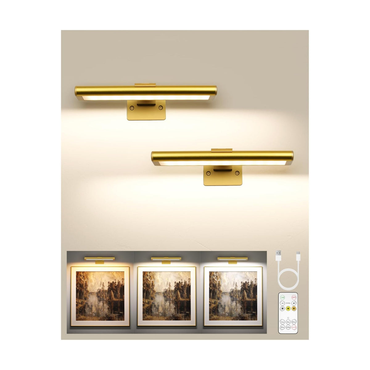 EZVALO Picture Light for Wall, Rechargeable 2400mAh Gold Lights Wireless with IR Remote, 3 Color & Dimmable Magnetic