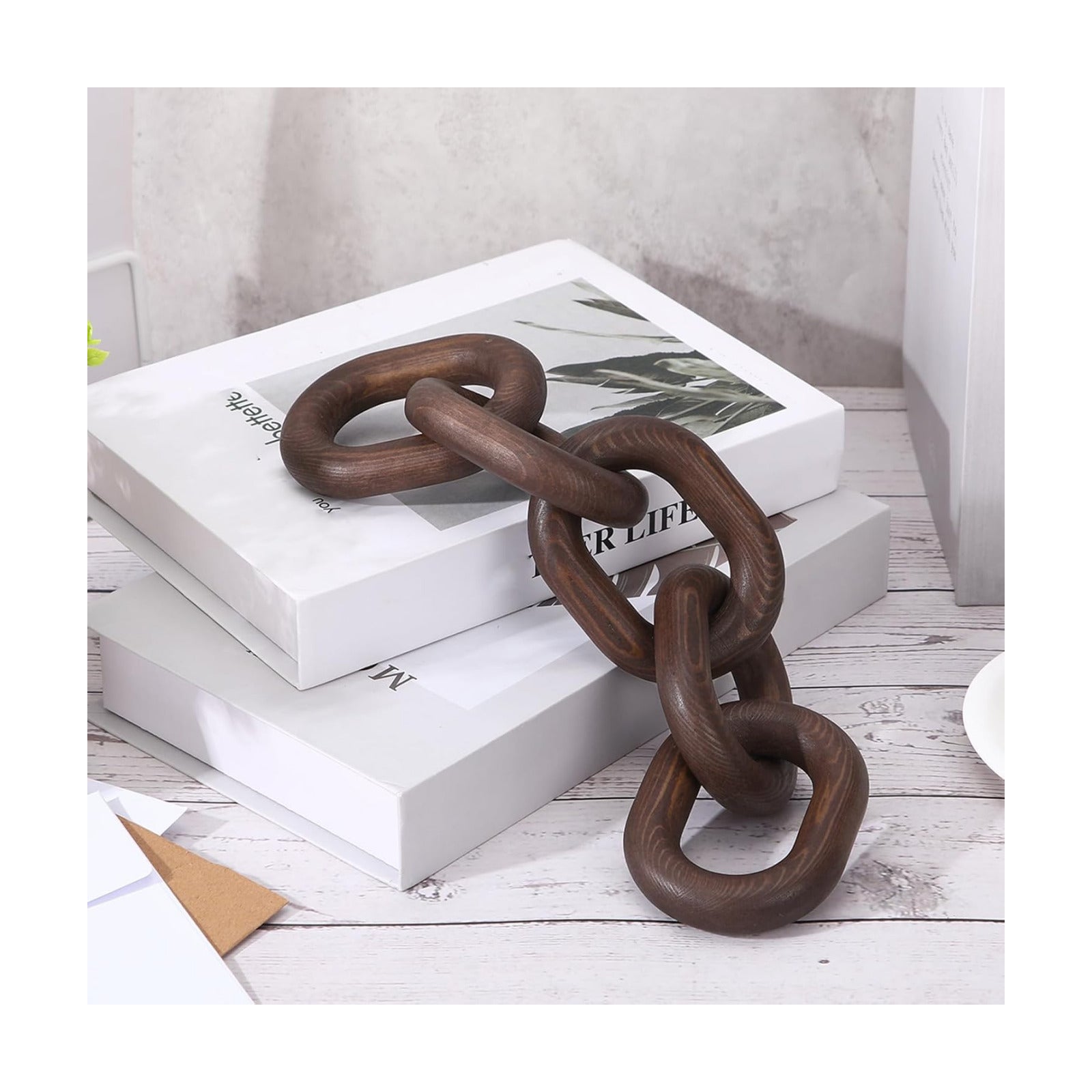 Decorative Wood Chain Link Decor Rustic 5 Link Wooden Chain Ornament / Dark Walnut / 13.78 Inch