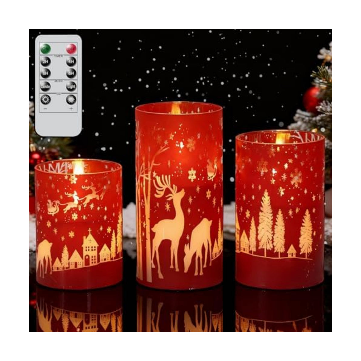 Wondise Red Christmas Reindeer LED Flameless Candles with Remote Timer