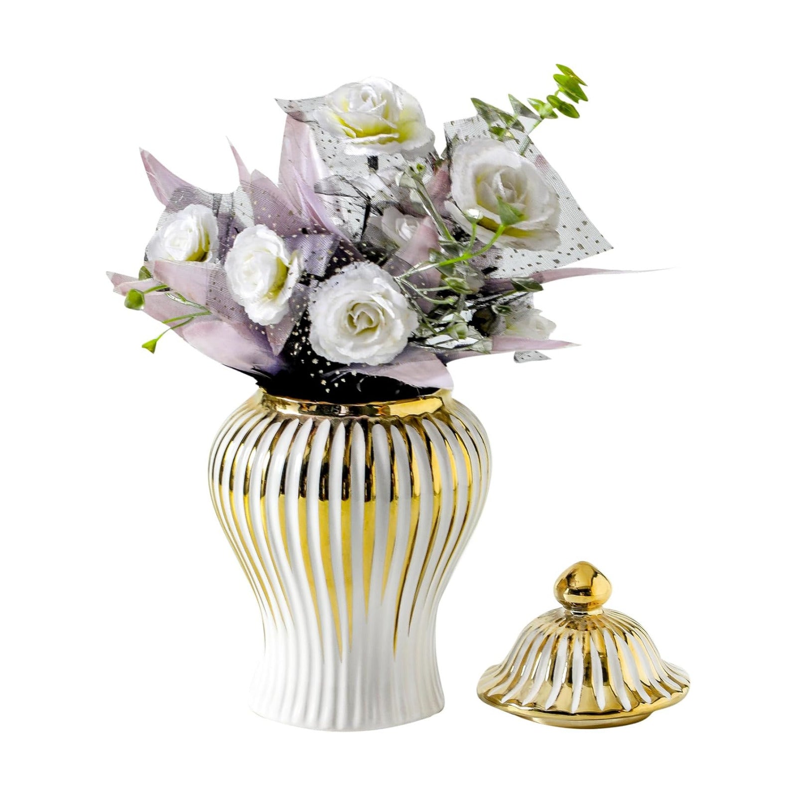 Ceramic Ginger jar / 6.8 Inch / White and Gold