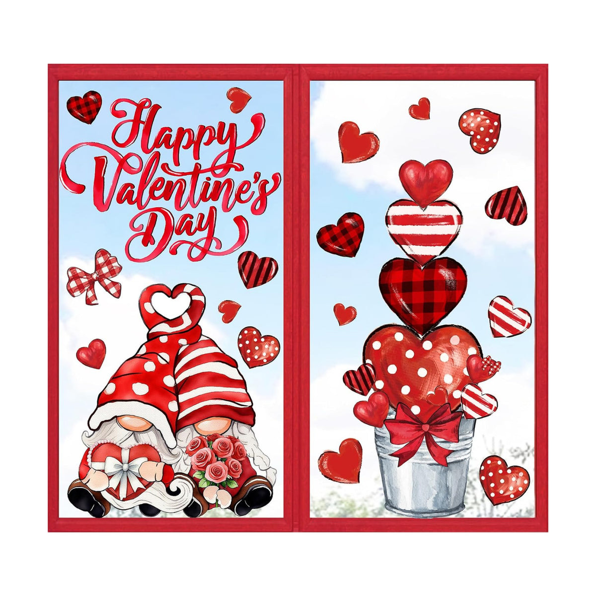 Whaline 6 Sheets Valentine' s Day Window Clings Romantic Red Stripe Heart Potted Gnome Windows Decor Reusable Anti-Collision Glass Stickers for Wedding Anniversary Home Party Supplies