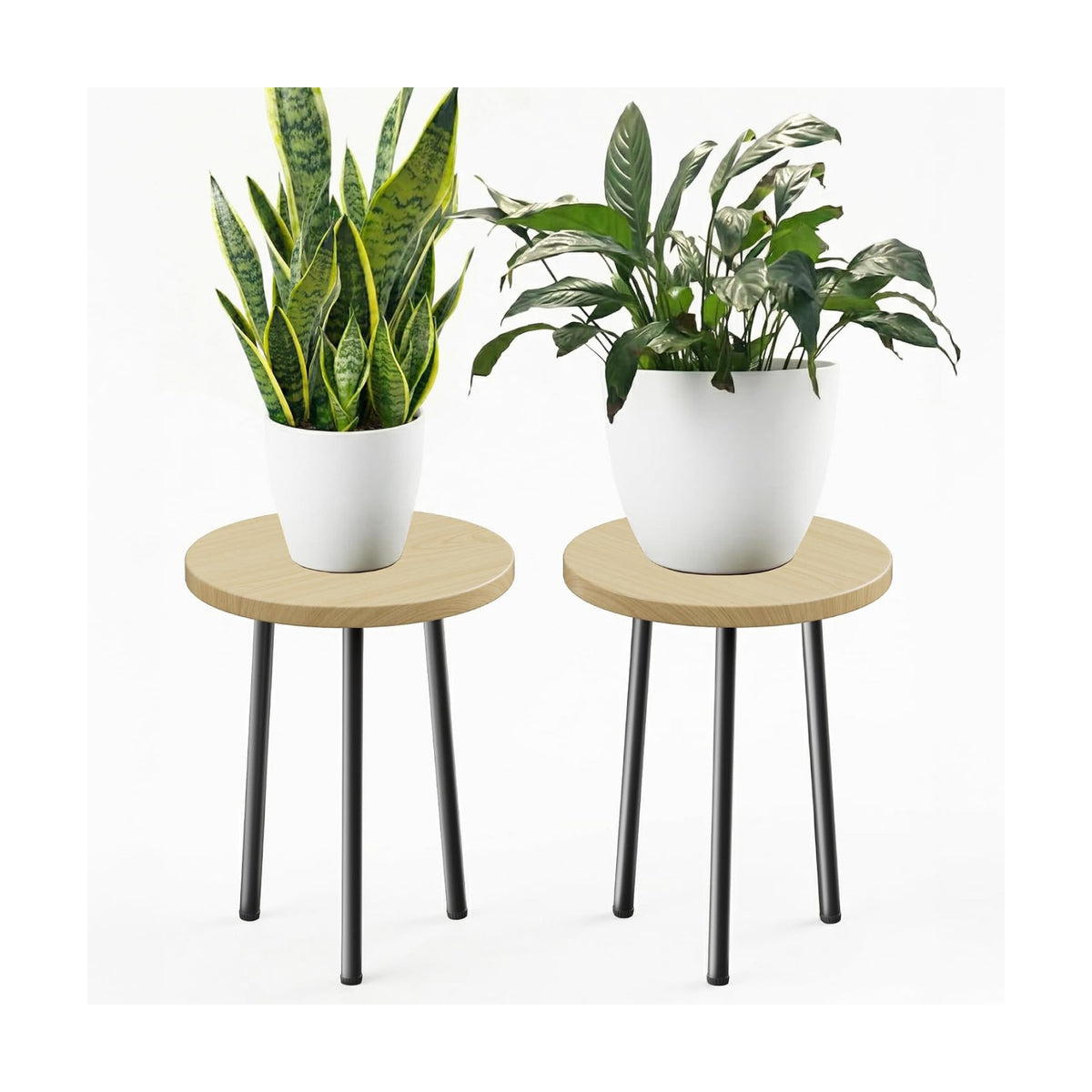 Plant Stand Indoor 14'': Indoor Plant Stand 2 Pack Metal Plant Table - Wood Plant Stool Outdoor Small Round Side End