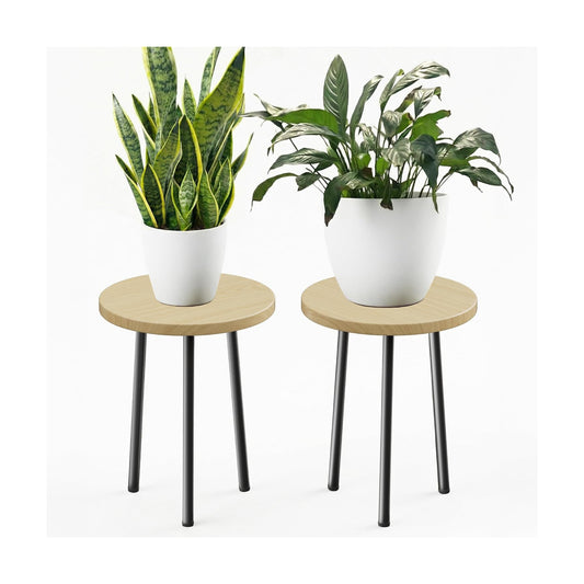 Plant Stand Indoor 14'': Indoor Plant Stand 2 Pack Metal Plant Table - Wood Plant Stool Outdoor Small Round Side End