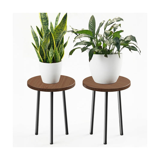 Plant Stand Indoor 14'': Indoor Plant Stand 2 Pack Metal Plant Table - Wood Plant Stool Outdoor Small Round Side End
