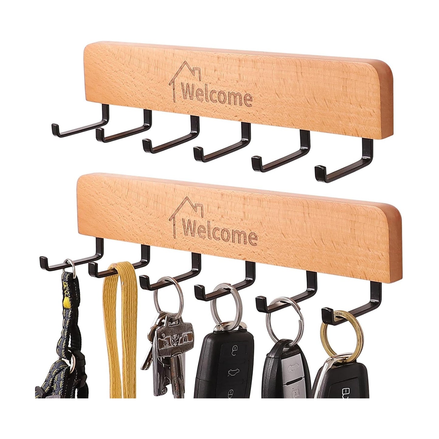 Metal Hooks / Wooden Key Holder / Natural / Set of 2