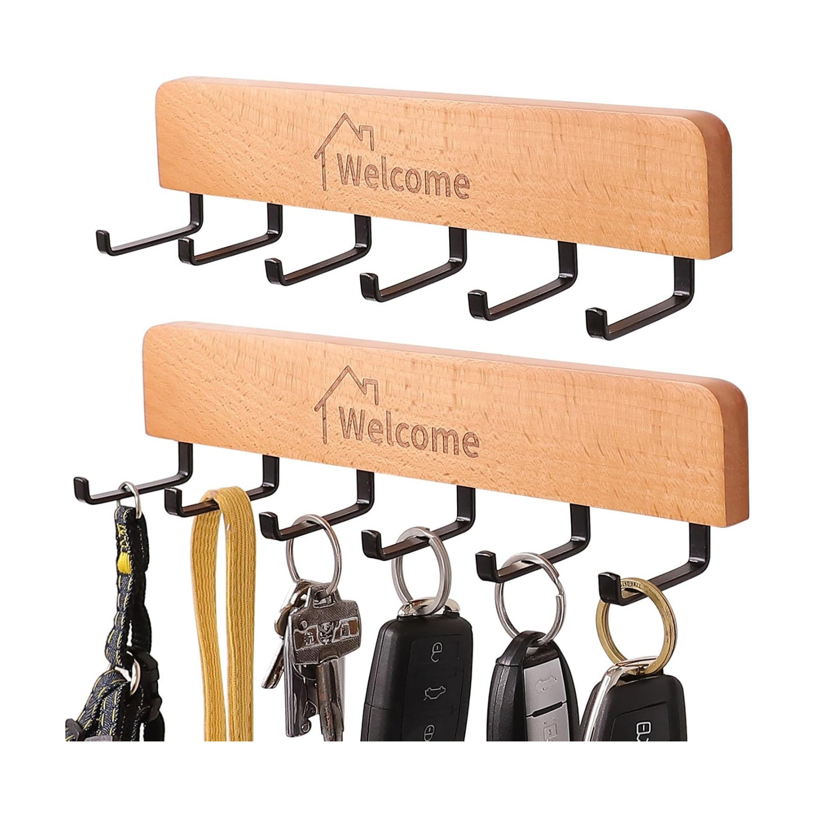 Metal Hooks / Wooden Key Holder / Natural / Set of 2