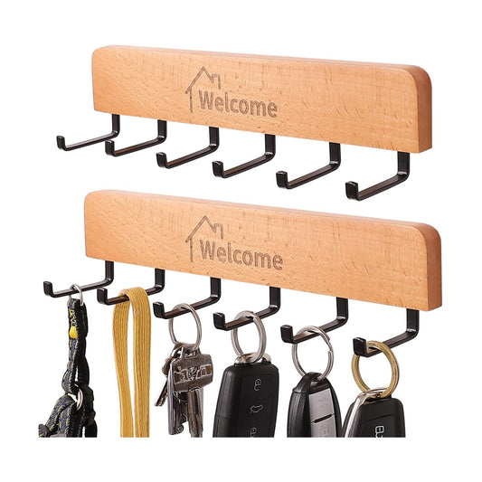 Metal Hooks / Wooden Key Holder / Natural / Set of 2