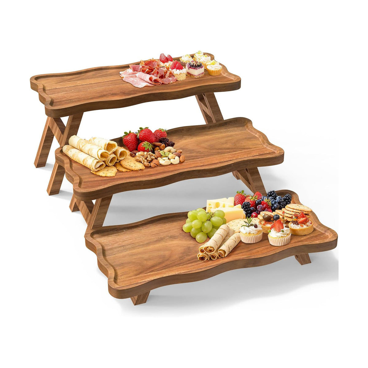 Acacia Wood 3 Tier Cupcake Stand, Serving Tray for Party, Foldable Dessert Table Display Set, Tiered Tray Decor for