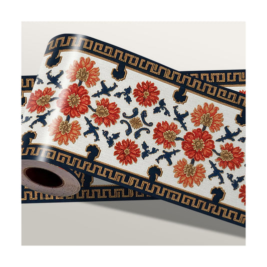 Wallpaper Border Peel and Stick Wall Border Self Adhesive Oriental Vintage / Red Floral / 196 x 4