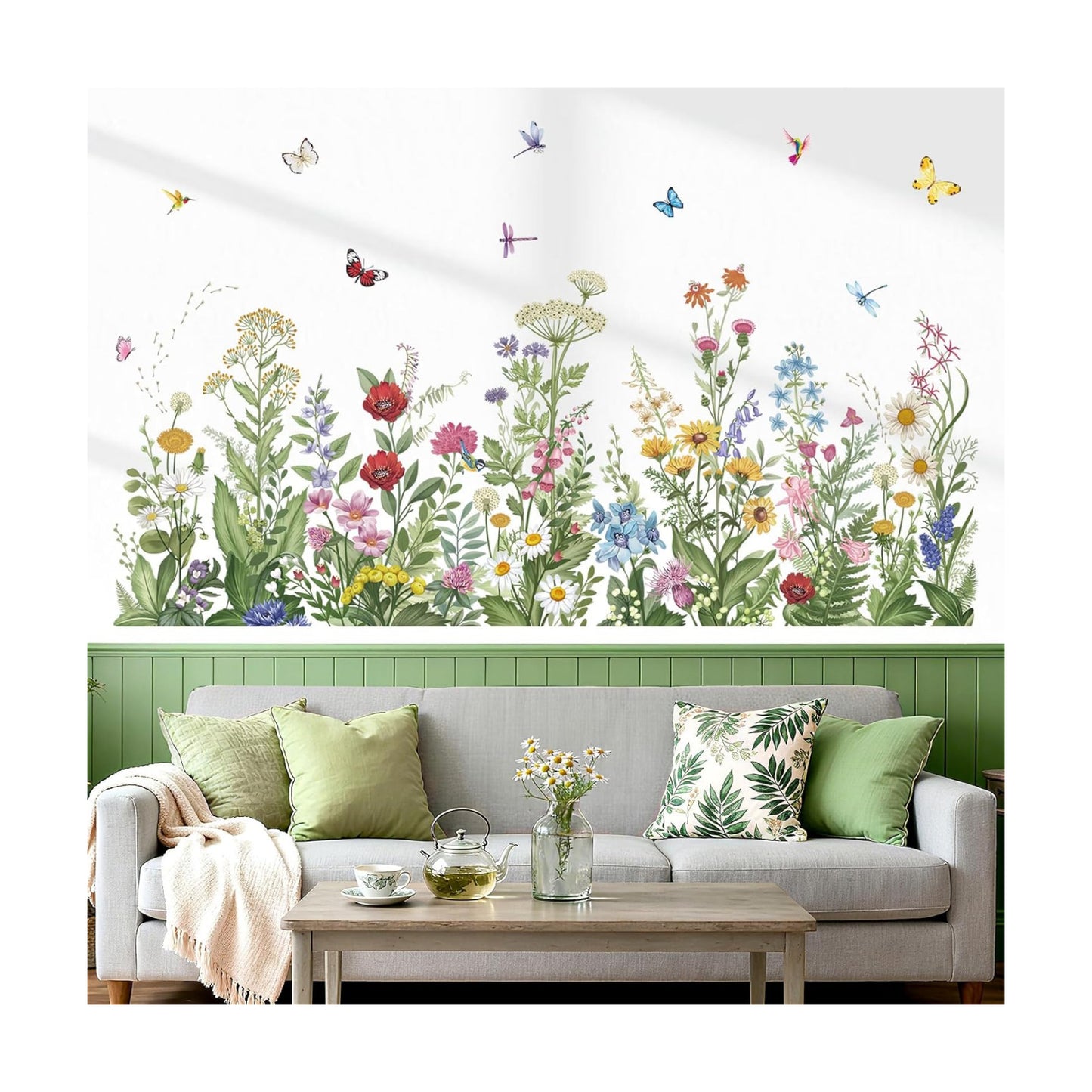 Plants Wild Flowers Wall Stickers Grass Floral Leaves Butterflies Peel and Stick Wall Art / Green