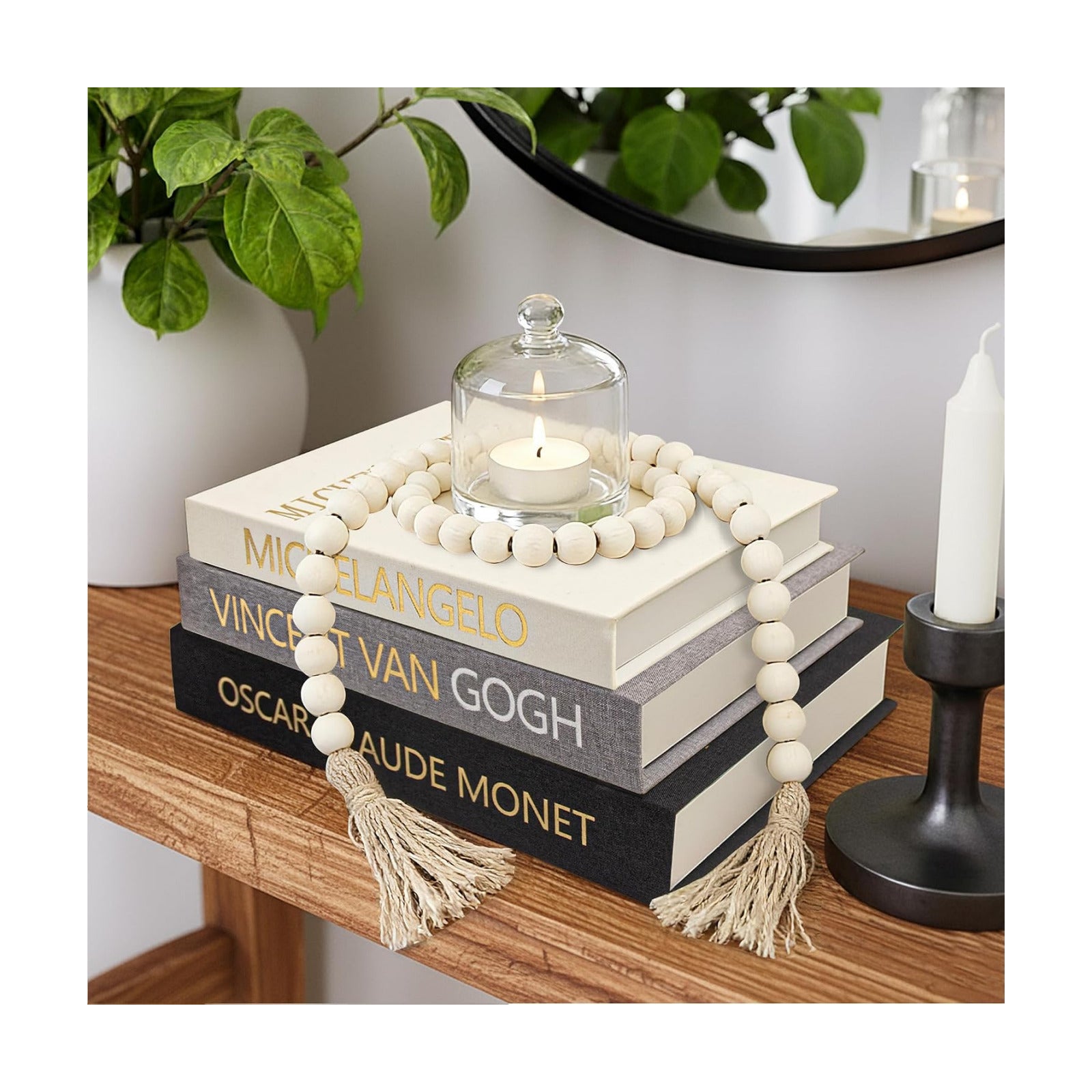 Linen Fake Books for Decoration / Black W. Wooden Beaded / Set of 3
