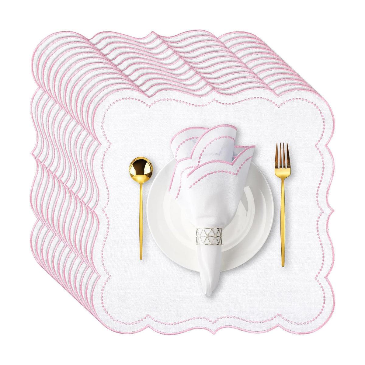Hahafelt Cloth Napkins 18x18inches Scalloped Embroidery Cloth Napkins Washable Polyester Table Dinner for Hotel