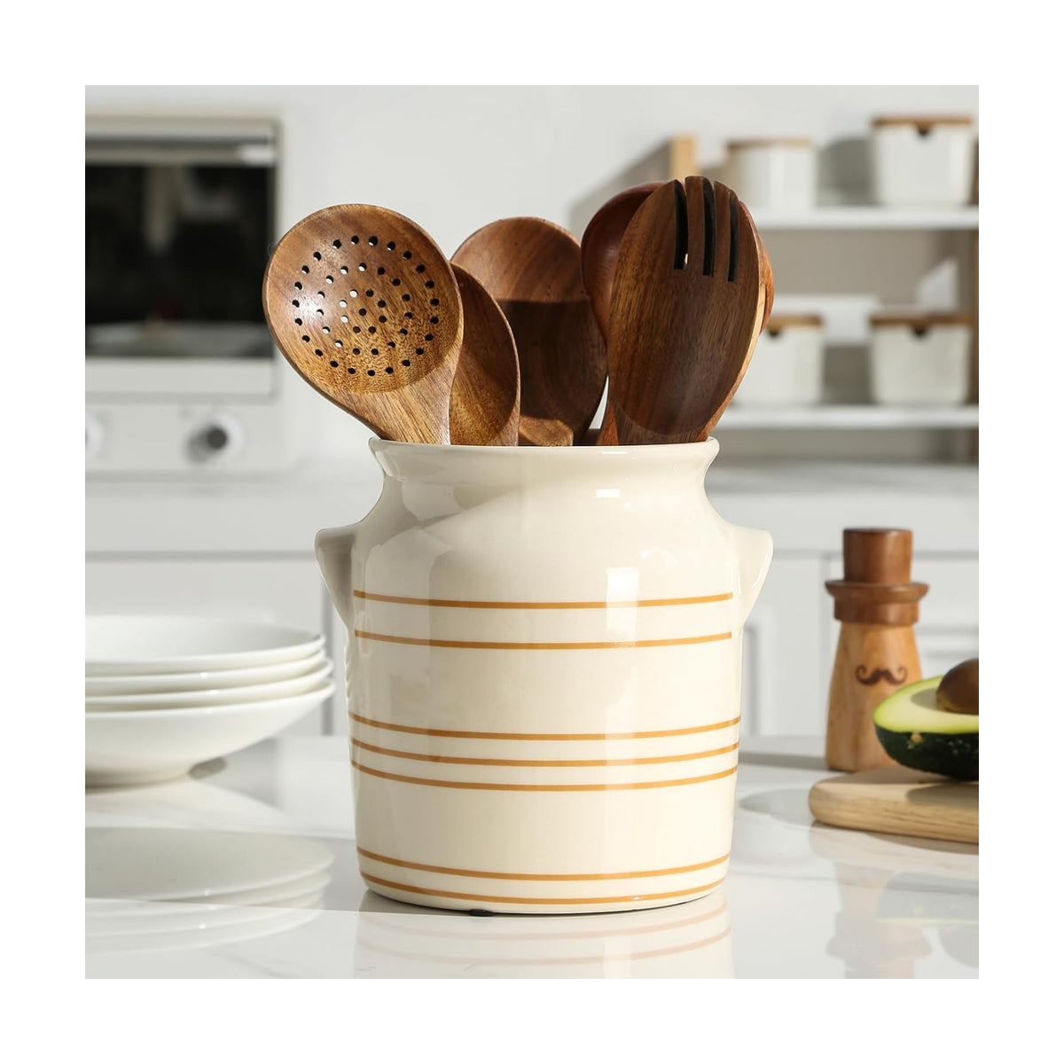 Ceramic Farmhouse Kitchen Utensil Holder for Countertop, Rustic Cooking Utensil Holder Crock Fit for Kitchen Counter.