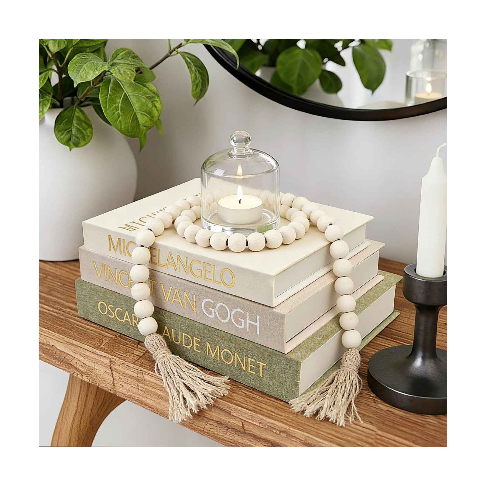 Linen Fake Books for Decoration / Green W. Wooden Beaded / Set of 3
