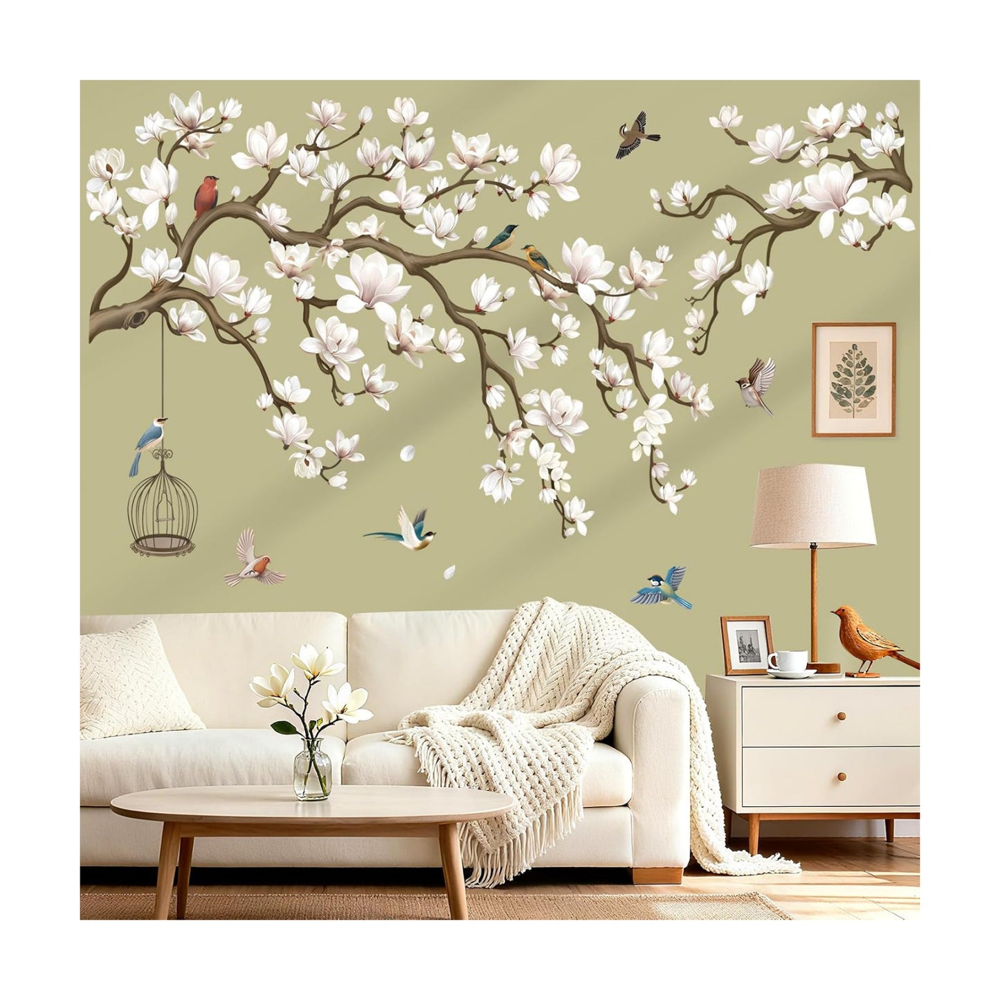 Magnolia Flowers Tree Branch Wall Stickers Floral Birds Peel and Stick Wall Art Decals / White