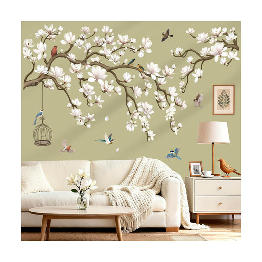 Magnolia Flowers Tree Branch Wall Stickers Floral Birds Peel and Stick Wall Art Decals / White